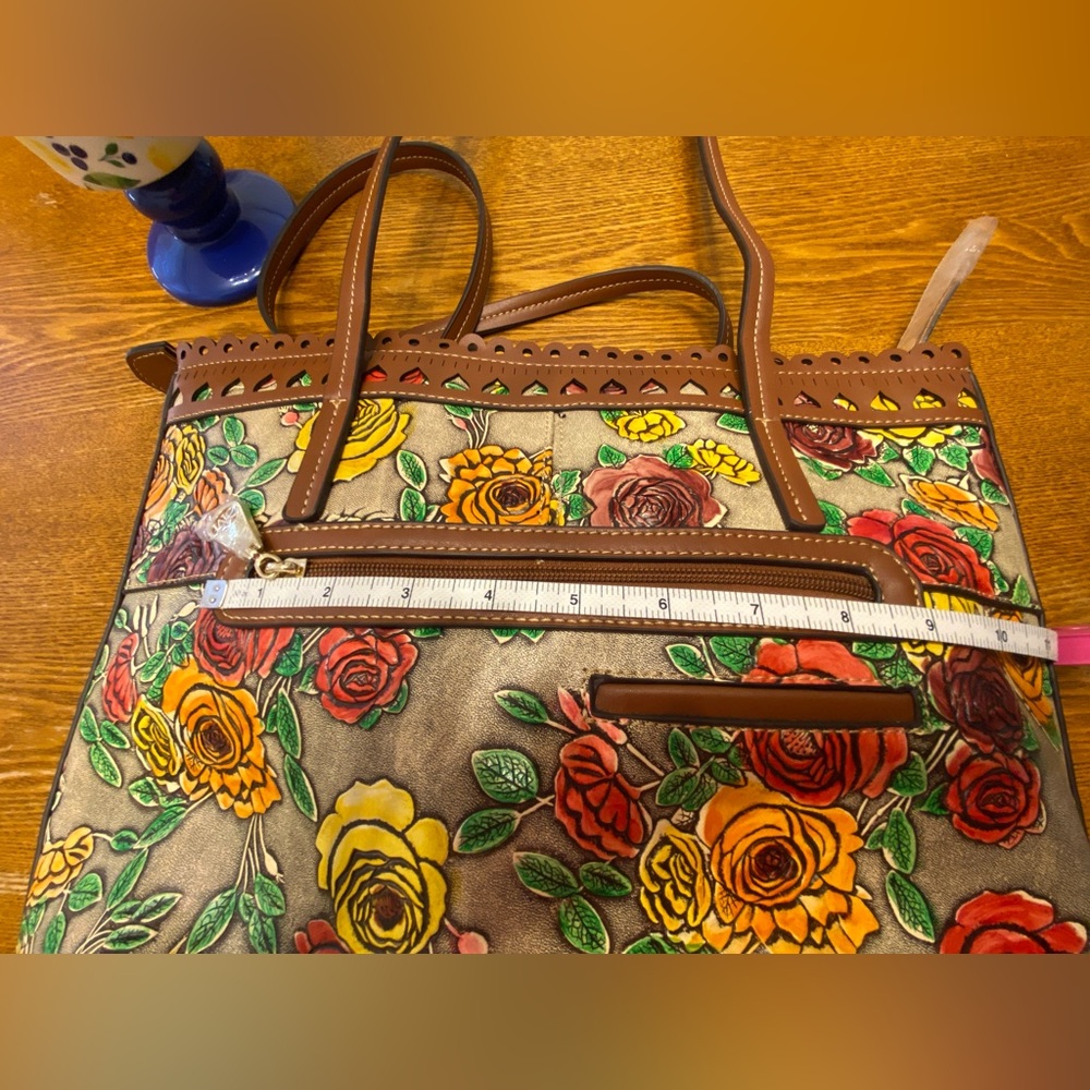 Rose Floral Embossed Leather Tote/Purse with Brown Leather Trim - Picture 16 of 16